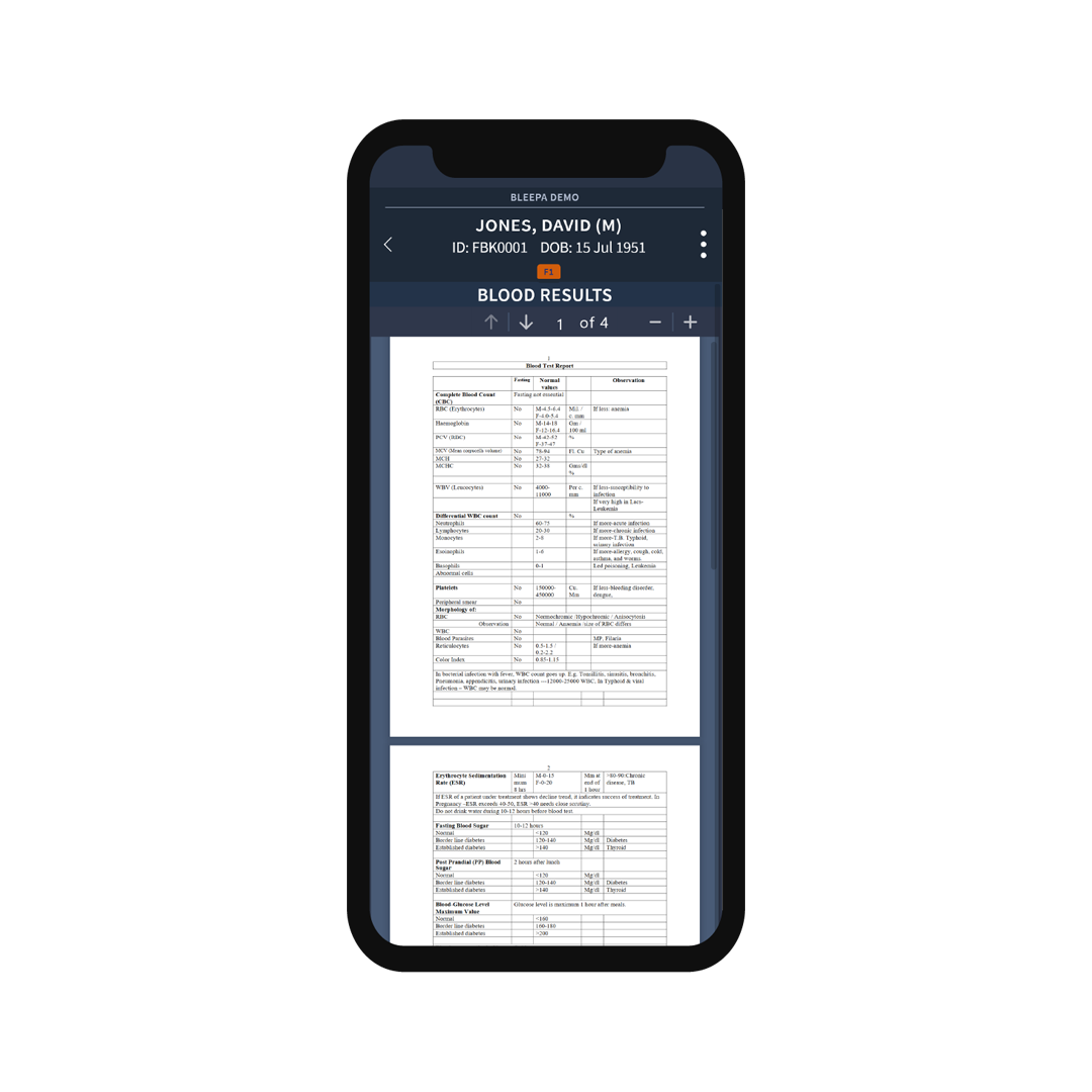 Bleepa mobile view blood test results
