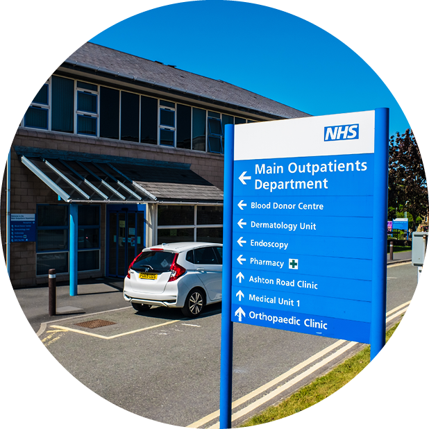 Outpatient department sign in NHS car park